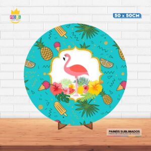 Painel Redondo 3D Flamingo Tecido 50cm X 50cm Com Suporte MDF