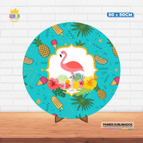 Painel Redondo 3D Flamingo Tecido 50cm X 50cm Com Suporte MDF