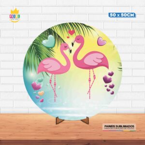 Painel Redondo 3D Flamingo Tecido 50cm X 50cm Com Suporte MDF