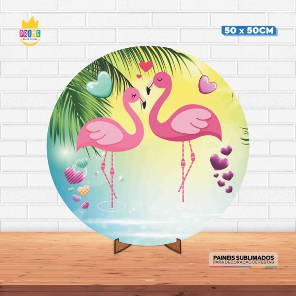 Painel Redondo 3D Flamingo Tecido 50cm X 50cm Com Suporte MDF