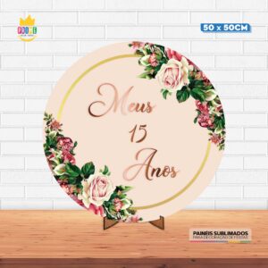 Painel Redondo 3D Meus 15 Anos Tecido 50cm X 50cm Com Suporte MDF
