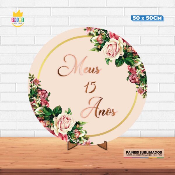 Painel Redondo 3D Meus 15 Anos Tecido 50cm X 50cm Com Suporte MDF