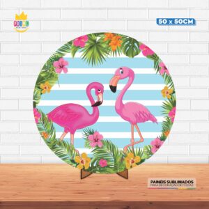 Painel Redondo 3D Flamingo Tecido 50cm X 50cm Com Suporte MDF