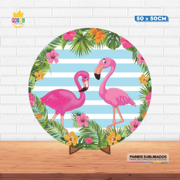 Painel Redondo 3D Flamingo Tecido 50cm X 50cm Com Suporte MDF