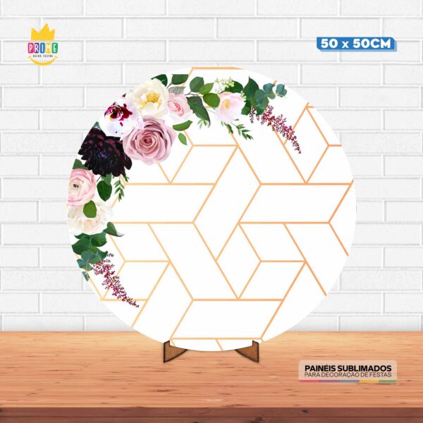Painel Redondo 3D Floral Tecido 50cm X 50cm Com Suporte MDF