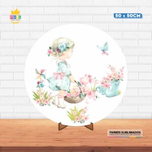 Painel Redondo 3D Menina Tecido 50cm X 50cm Com Suporte MDF