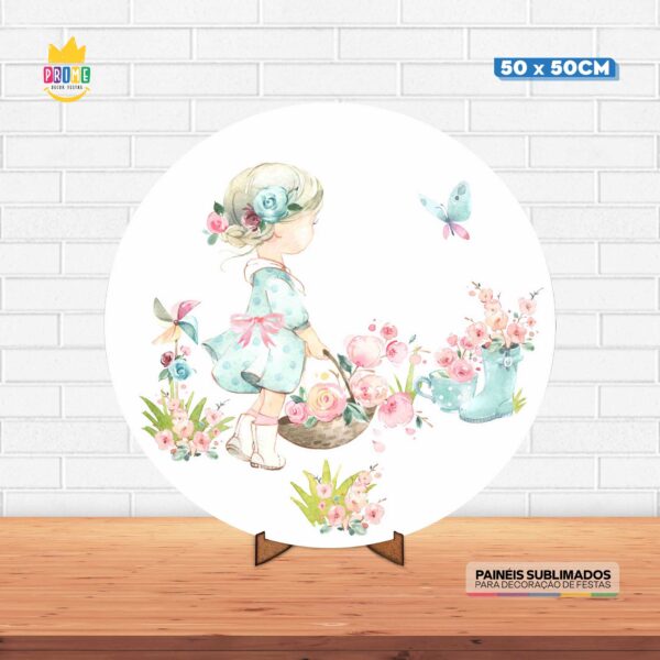 Painel Redondo 3D Menina Tecido 50cm X 50cm Com Suporte MDF