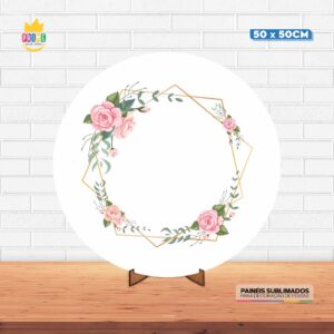 Painel Redondo 3D Floral Branco Tecido 50cm X 50cm Com Suporte MDF