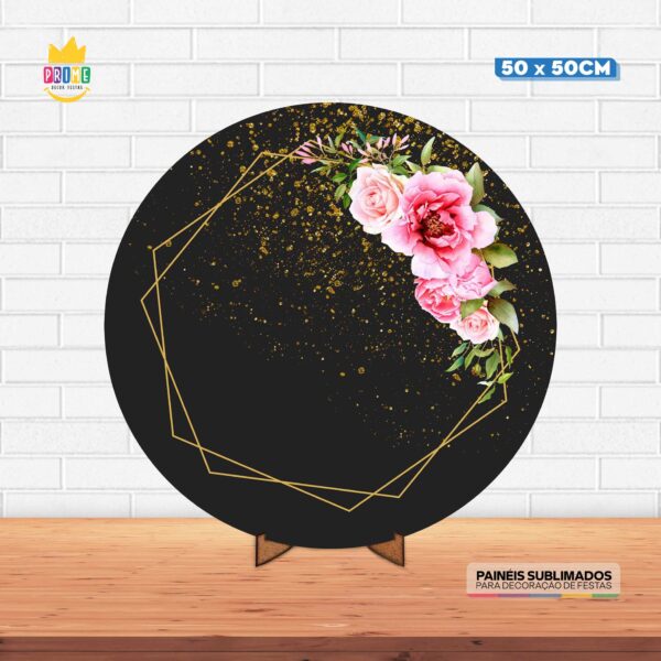 Painel Redondo 3D Floral Preto Tecido 50cm X 50cm Com Suporte MDF