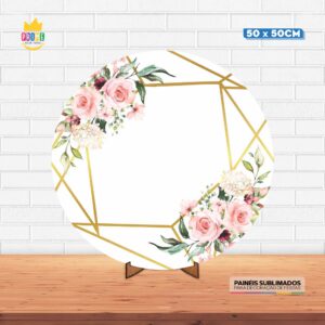 Painel Redondo 3D Floral Tecido 50cm X 50cm Com Suporte MDF