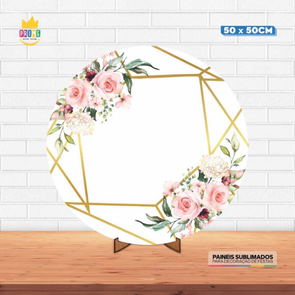 Painel Redondo 3D Floral Tecido 50cm X 50cm Com Suporte MDF