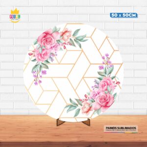 Painel Redondo 3D Floral Tecido 50cm X 50cm Com Suporte MDF