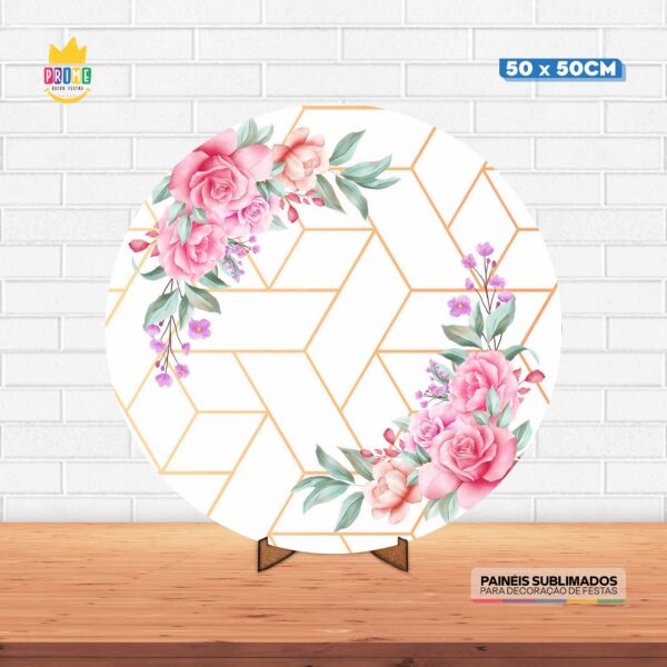 Painel Redondo 3D Floral Tecido 50cm X 50cm Com Suporte MDF