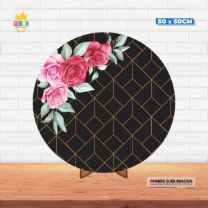 Painel Redondo 3D Floral Tecido 50cm X 50cm Com Suporte MDF