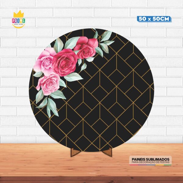 Painel Redondo 3D Floral Tecido 50cm X 50cm Com Suporte MDF