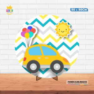Painel Redondo 3D Carros Cute Tecido 50cm X 50cm Com Suporte MDF