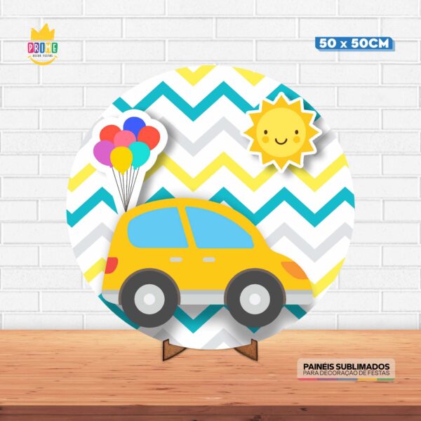 Painel Redondo 3D Carros Cute Tecido 50cm X 50cm Com Suporte MDF