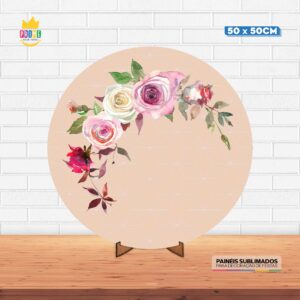Painel Redondo 3D Floral Tecido 50cm X 50cm Com Suporte MDF