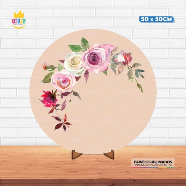 Painel Redondo 3D Floral Tecido 50cm X 50cm Com Suporte MDF