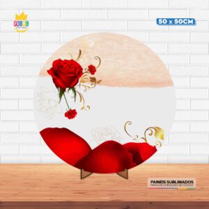Painel Redondo 3D Floral Vermelho Tecido 50cm X 50cm Com Suporte MDF