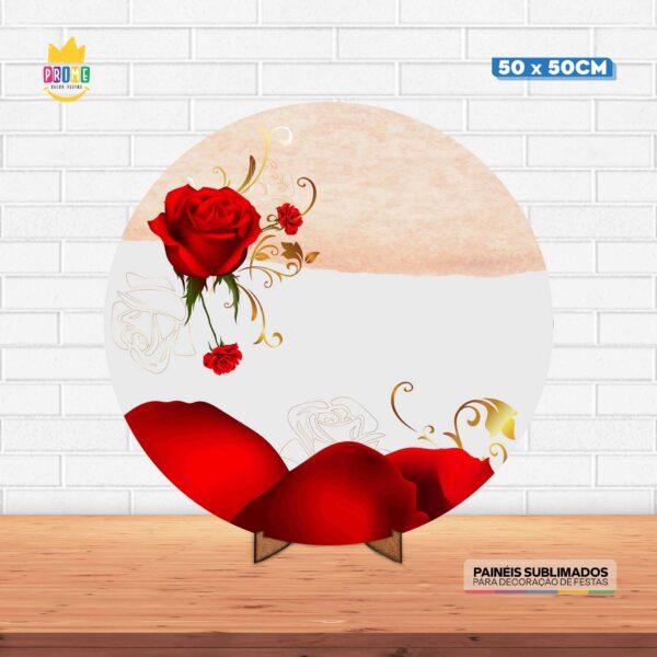 Painel Redondo 3D Floral Vermelho Tecido 50cm X 50cm Com Suporte MDF