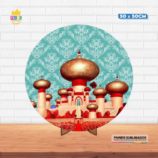 Painel Redondo 3D Castelo Tecido 50cm X 50cm Com Suporte MDF