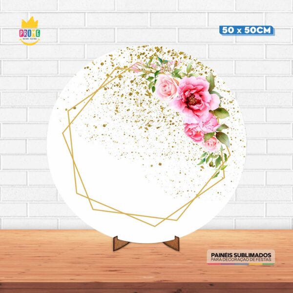 Painel Redondo 3D Floral Tecido 50cm X 50cm Com Suporte MDF