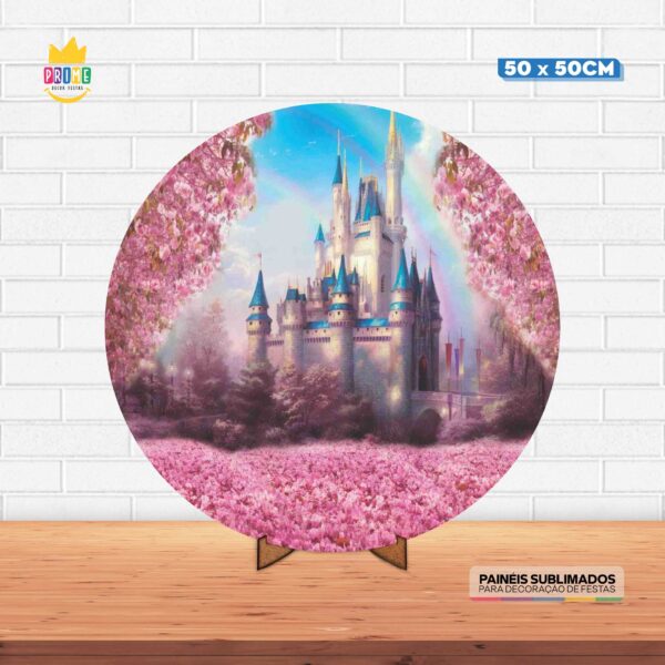 Painel Redondo 3D Castelo Tecido 50cm X 50cm Com Suporte MDF