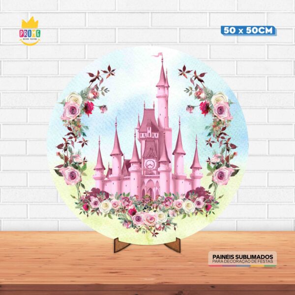 Painel Redondo 3D Castelo Tecido 50cm X 50cm Com Suporte MDF