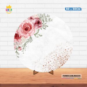 Painel Redondo 3D Floral Tecido 50cm X 50cm Com Suporte MDF