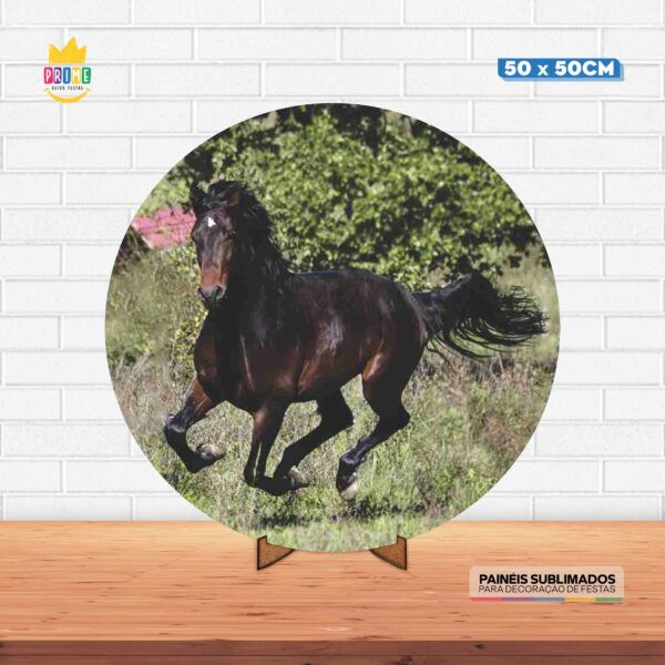 Painel Redondo 3D Cavalos Tecido 50cm X 50cm Com Suporte MDF
