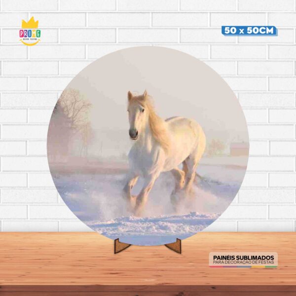 Painel Redondo 3D Cavalo Branco Tecido 50cm X 50cm Com Suporte MDF