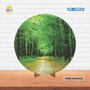 Painel Redondo 3D Floresta Verde Tecido 50cm X 50cm Com Suporte MDF