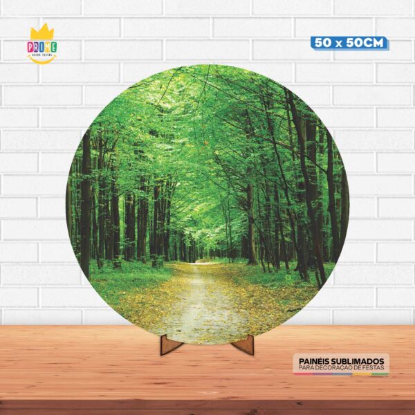 Painel Redondo 3D Floresta Verde Tecido 50cm X 50cm Com Suporte MDF