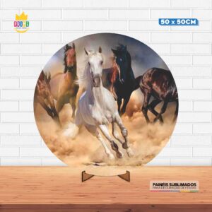 Painel Redondo 3D Cavalos Tecido 50cm X 50cm Com Suporte MDF