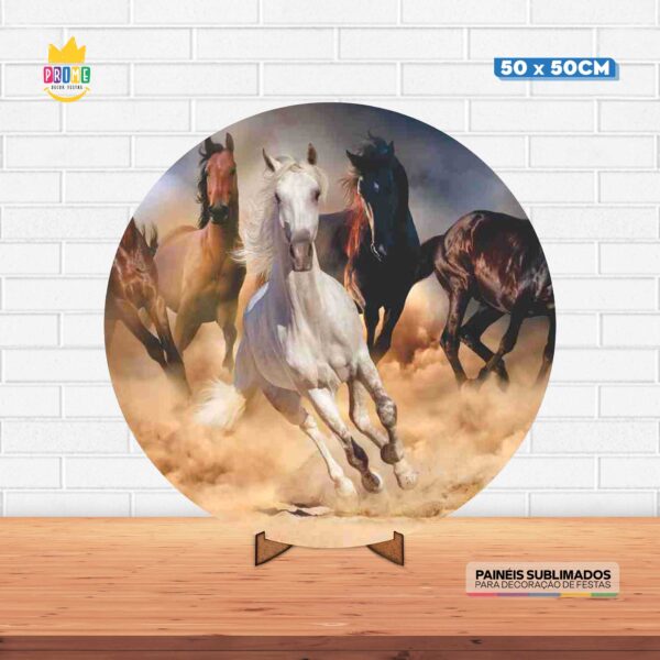 Painel Redondo 3D Cavalos Tecido 50cm X 50cm Com Suporte MDF