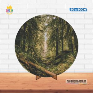 Painel Redondo 3D Floresta Tecido 50cm X 50cm Com Suporte MDF
