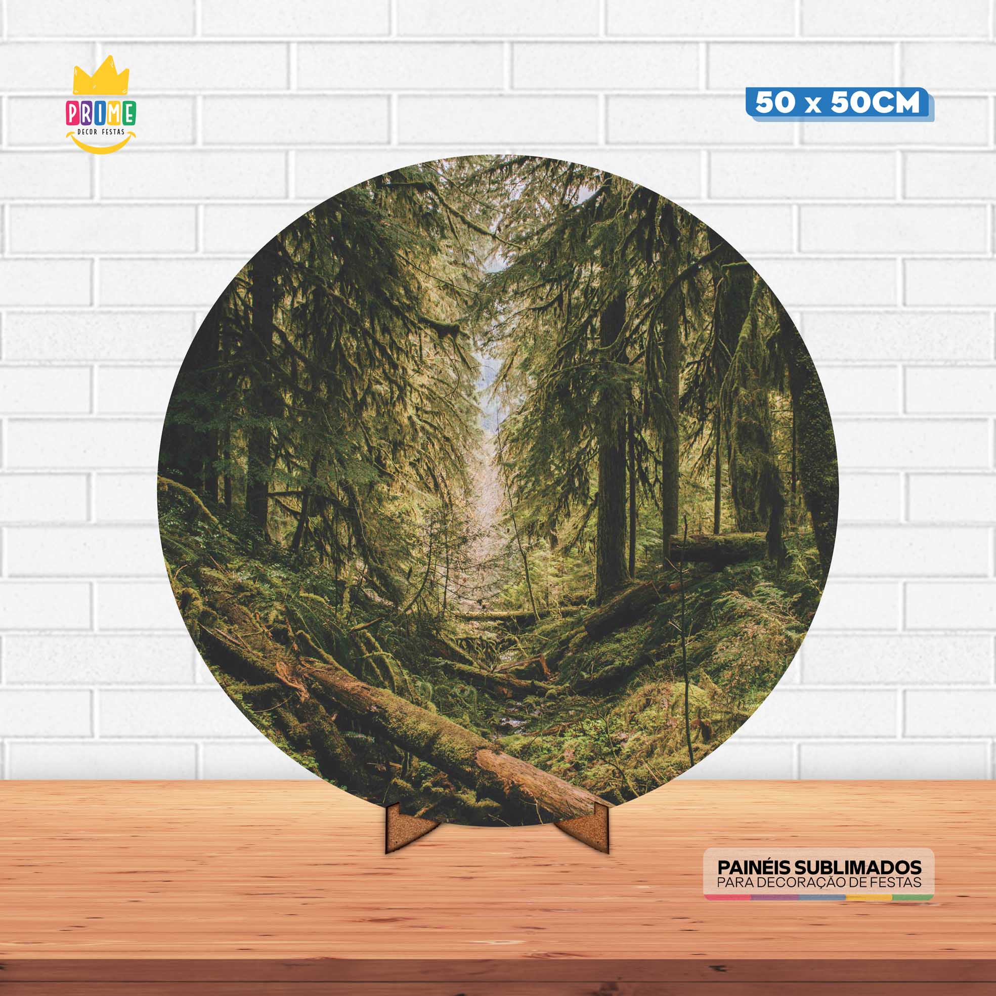 Painel Redondo 3D Floresta Tecido 50cm X 50cm Com Suporte MDF