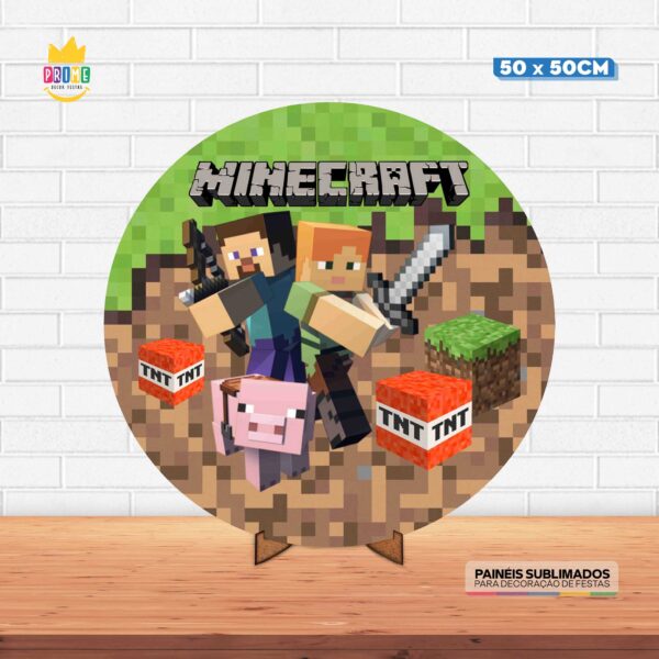 Painel Redondo 3D Minecraft Tecido 50cm X 50cm Com Suporte MDF