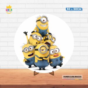 Painel Redondo 3D Minnions Tecido 50cm X 50cm Com Suporte MDF