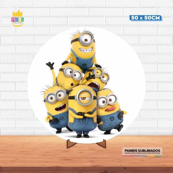 Painel Redondo 3D Minnions Tecido 50cm X 50cm Com Suporte MDF