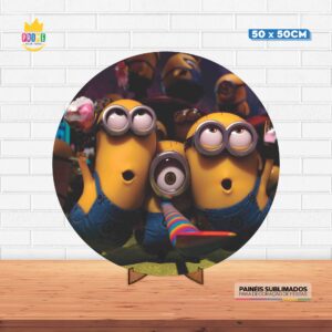 Painel Redondo 3D Minnions Tecido 50cm X 50cm Com Suporte MDF