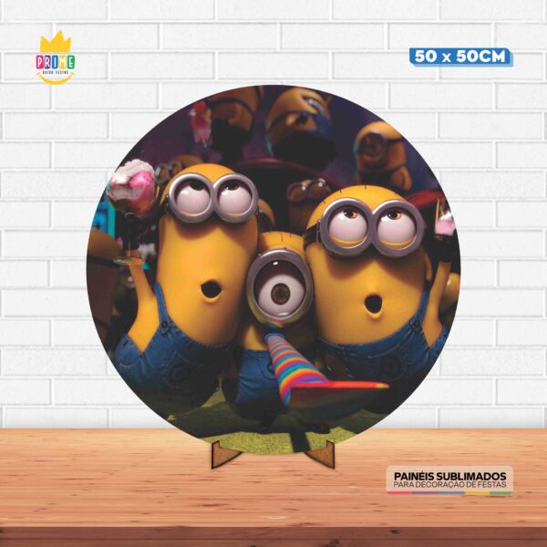 Painel Redondo 3D Minnions Tecido 50cm X 50cm Com Suporte MDF
