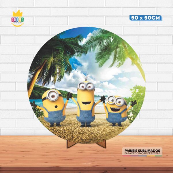 Painel Redondo 3D Minnions Tecido 50cm X 50cm Com Suporte MDF