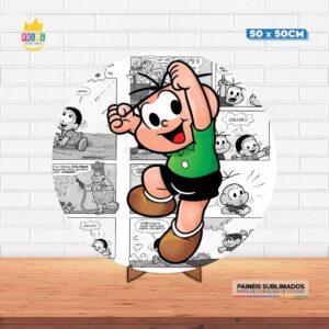 Painel Redondo 3D Cebolinha Turma da Mônica Tecido 50cm X 50cm Com Suporte MDF
