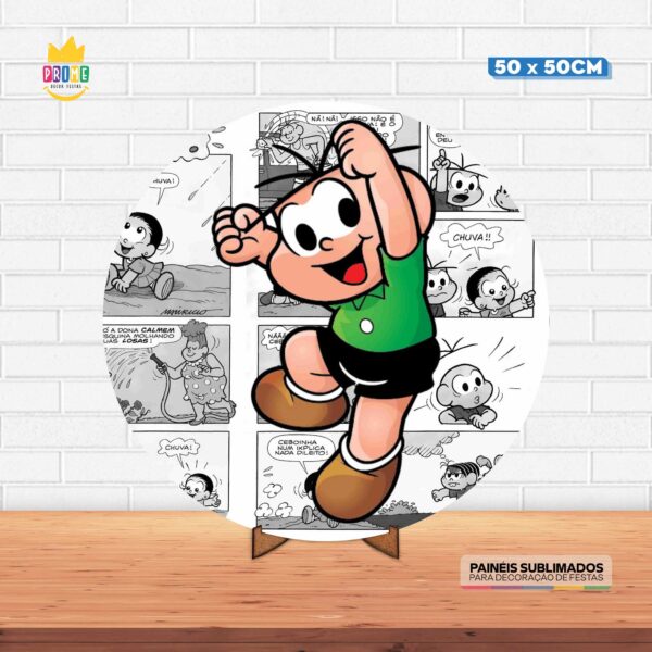 Painel Redondo 3D Cebolinha Turma da Mônica Tecido 50cm X 50cm Com Suporte MDF