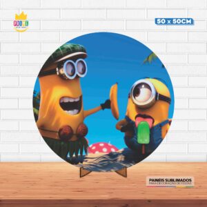 Painel Redondo 3D Minnions Tecido 50cm X 50cm Com Suporte MDF