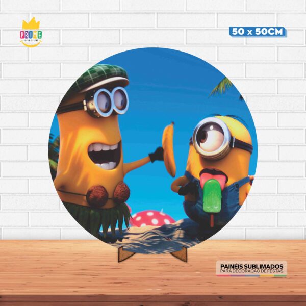 Painel Redondo 3D Minnions Tecido 50cm X 50cm Com Suporte MDF