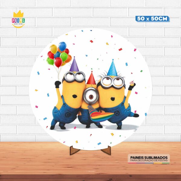 Painel Redondo 3D Minnions Tecido 50cm X 50cm Com Suporte MDF