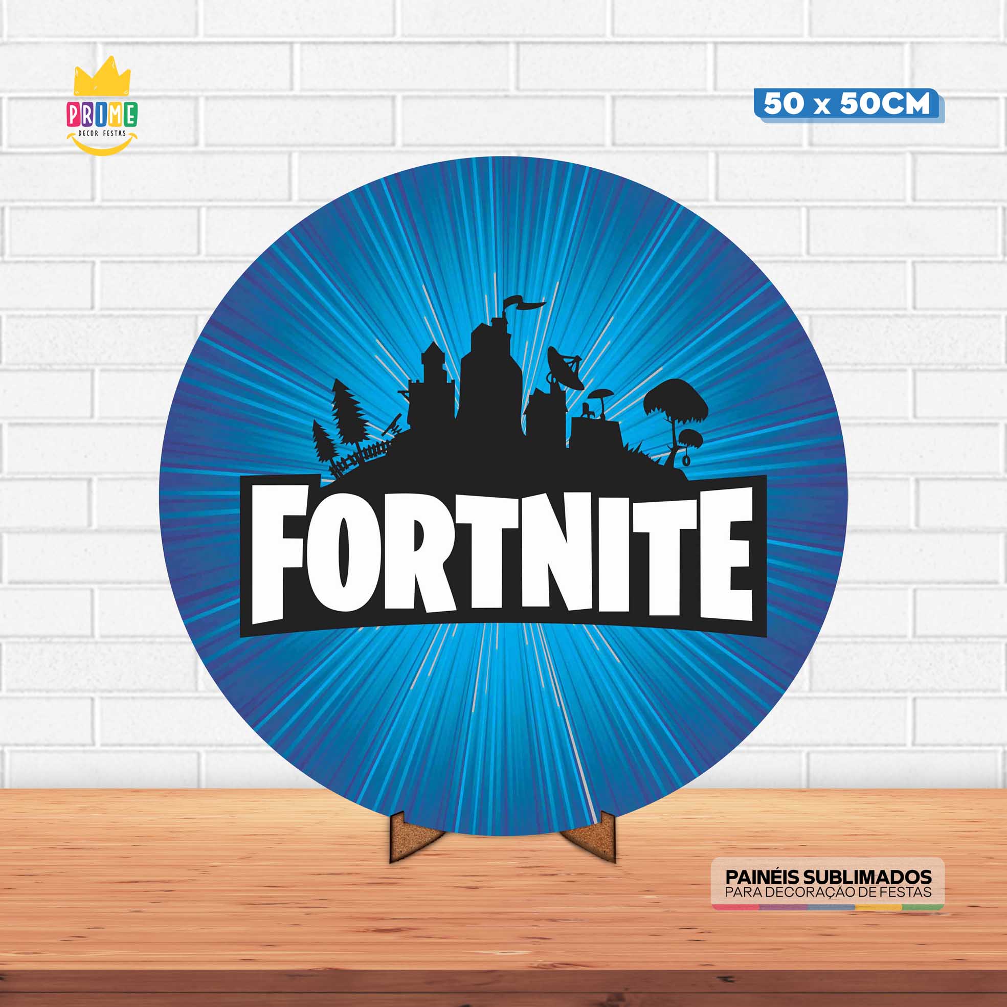 Painel Redondo 3D Fortnite Tecido 50cm X 50cm Com Suporte MDF